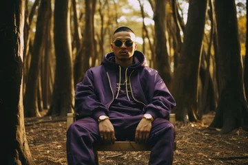 Foto op Canvas Man in a purple tracksuit and gold sunglasses seated confidently in a forest, blending urban fashion with natural serenity. © Sascha