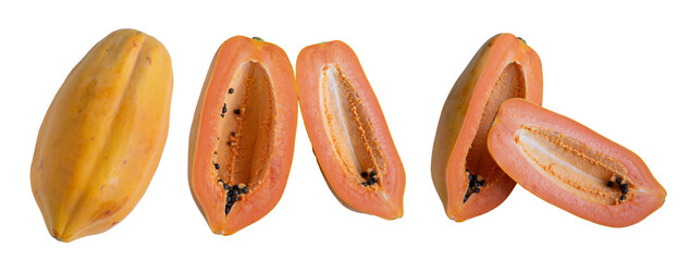 Papaya. Carica paya, whole fruit and others cut in half. Photo elongated format.