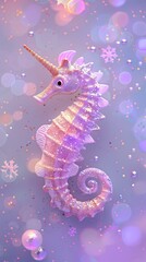 festive card with holographic glitter seahorse on a pastel purple background