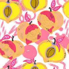 Peaches and abstract spots. Texture fruits. Plant organic pattern. Cartoon style. Hand drawn elements. Vector seamless overlapping pattern.