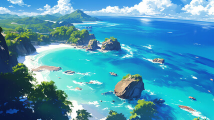 An anime-style high view of Drone shot, view of the beautiful tropical sea.
