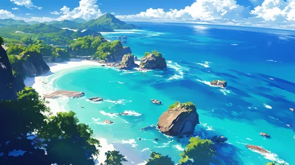 Tuinposter An anime-style high view of Drone shot, view of the beautiful tropical sea. © tisomboon