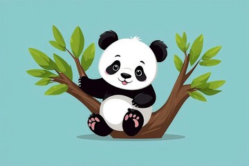 Playful panda cub sitting on the tree grove