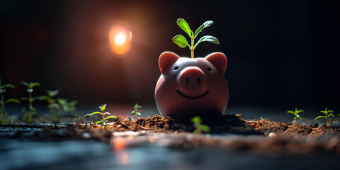 A piggy bank with a stack of coins and a plant growing out of it. Discover the Pink Piggy Bank Money Nestled in Lush Green Grass, 
