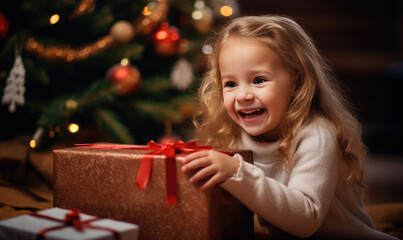 Happy cute girl is surprised in opening his christmas presents