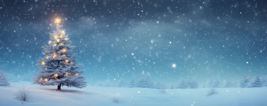Beautiful christmas tree in fairytale snowy landscape. Wallpaper and background.