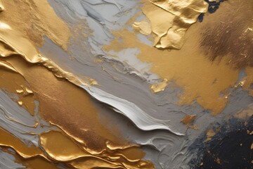 Closeup of abstract painting. Gold, white and grey black texture background. Visible oil, acrylic brushstroke, pallet knife paint on canvas. Contemporary art painting.