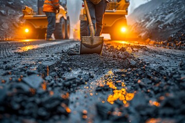 A team of road construction workers lay and smooth hot asphalt gravel, demonstrating synchronized...