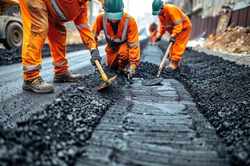 A team of road construction workers lay and smooth hot asphalt gravel, demonstrating synchronized efforts and expertise in road surface repair at a bustling site - Powered by Adobe