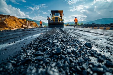 A team of road construction workers lay and smooth hot asphalt gravel, demonstrating synchronized efforts and expertise in road surface repair at a bustling site - Powered by Adobe