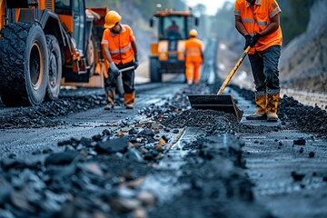 A team of road construction workers lay and smooth hot asphalt gravel, demonstrating synchronized efforts and expertise in road surface repair at a bustling site