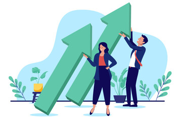 Business growth arrow - Two people holding green big arrows pointing upwards to success and profits. Company progress and upwards direction concept in flat design vector illustration