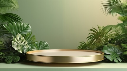 Podium background product 3D gold cosmetic platform nature beige display advertising backdrop studio. Pedestal podium product green scene render stand golden space design luxury mockup 3D