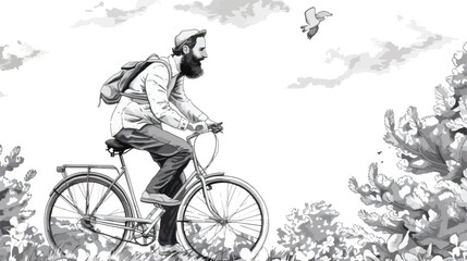 Sketch of bearded men riding a bicycle on summer day