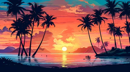 Crédence de cuisine en verre imprimé Corail a stunning tropical landscape featuring a beautiful beach with palm trees at sunset.
