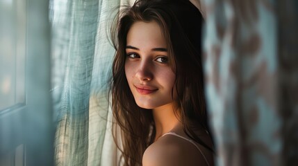Naklejka premium Woman's Captivating Stare Behind Curtain