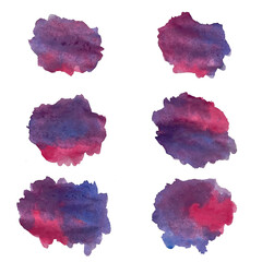 Purple and pink watercolor blotch. Set of blue watercolor circles