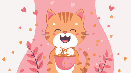 The kitten so happy holding the cat food flat illustration