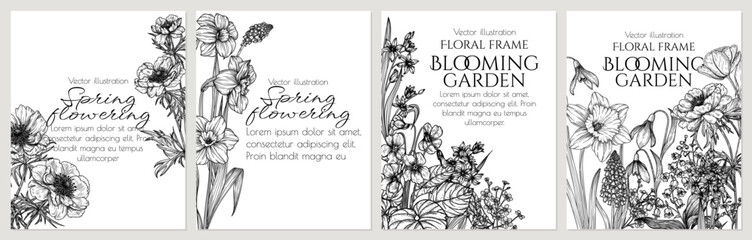 Vector set of 4 cards with spring flowers in engraving style. Brunnera, tulips, muscari, daffodil, lily of the valley, anemone, scilla, viola