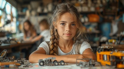 An elementary school teacher is seated at the table in her classroom with her students. They have built a car from recycled objects and crafts equipment, and are testing it. - obrazy, fototapety, plakaty