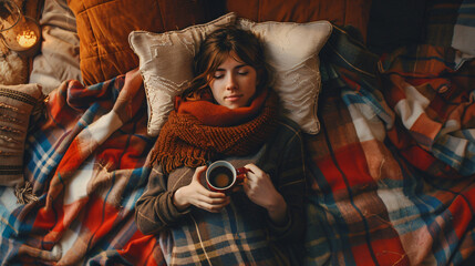 Woman holding cup of coffee while lying on bed