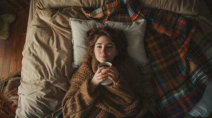 Woman holding cup of coffee while lying on bed