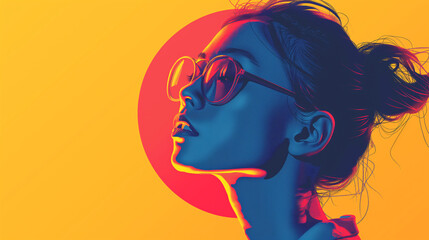 A vibrant silhouette of an Asian woman's profile with sunglasses against a warm-hued background,...