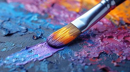 Fototapeta premium Witness the magic of multi-colored paintbrushes at work on a vibrant watercolor painting