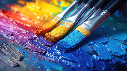 Witness the magic of multi-colored paintbrushes at work on a vibrant watercolor painting