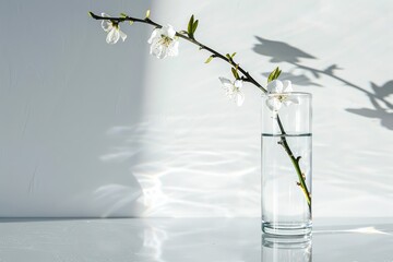 White spring blossoms delicately placed in a glass of clear water, showcasing a minimalist aesthetic with soft shadows