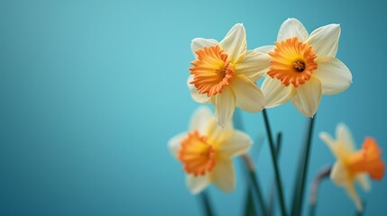 Vibrant yellow daffodils in a vase against a bright blue backdrop, showcasing the beauty of spring flowers