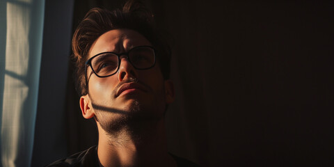 Obraz premium A young man with glasses looking upwards, his face half-illuminated by the warm sunlight filtering through a curtain