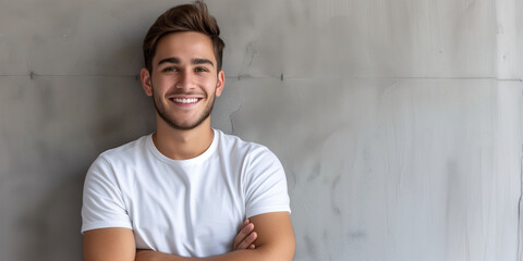 Cheerful young man with a bright smile, wearing a white T-shirt, arms folded, against a textured grey wall