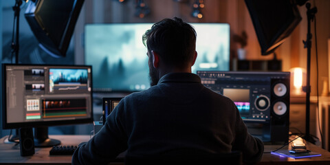 Rear view of a professional editor intensely engaged with video editing screens in a moody, creative studio setup