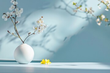 A serene setup with cherry blossoms in a white vase, casting soft shadows on a blue surface