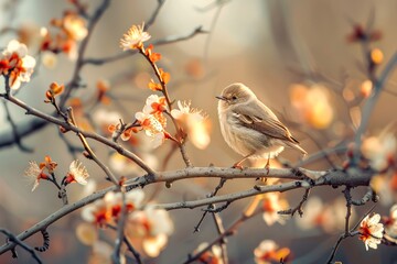 Fototapeta premium A delicate bird sits atop a flowering branch, with warm sunlight filtering through, a symbol of new beginnings