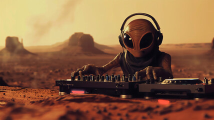 An alien DJ wearing headphones behind a DJ rig on the surface of Mars. Generative AI
