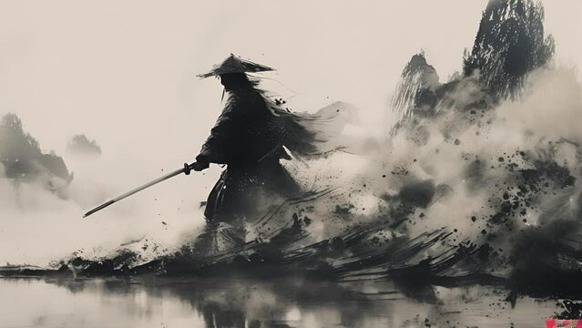躍動感ある侍の水墨画,Generative AI 