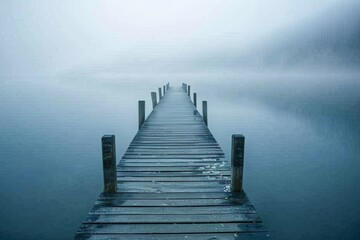 A serene and mysterious image of an old wooden pier extending into the fog, evoking a sense of calm and solitude in a natural setting