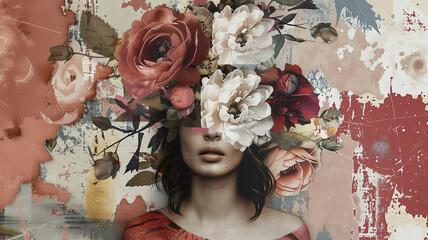 boho-chic lady, layered compositions, aged materials, traditional floral arrangements. Generative AI