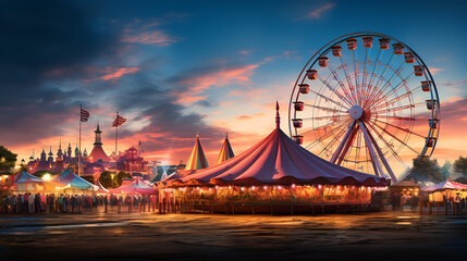 ferris wheel at sunset,a timeless vintage fairground, complete with a Ferris wheel, cotton candy,...