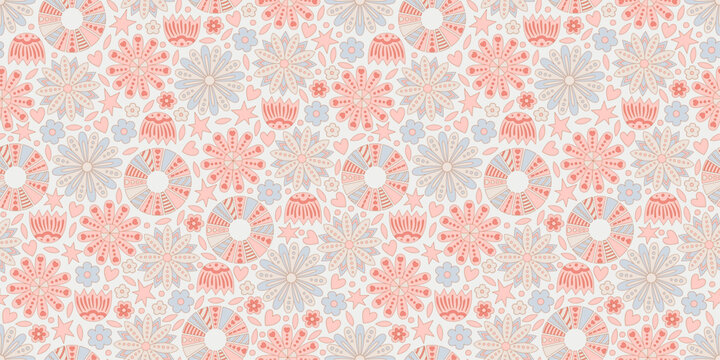 Boho style pattern in pink and blue pastel colors. A variety of backgrounds depicting sun, and flowers. Summer pattern. Cute illustration for children's room.