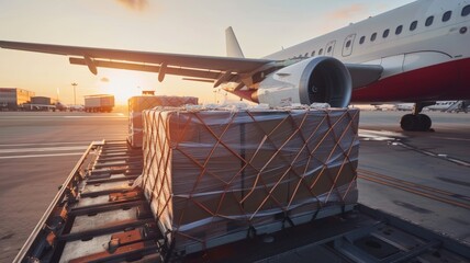 Air cargo containers being loaded onto planes Air transport prepares for loading onto cargo jets.