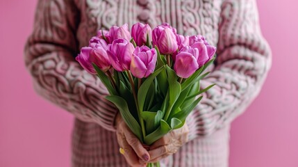 A woman in a textured sweater holding a beautiful bouquet of fresh pink tulips, indicating love and spring
