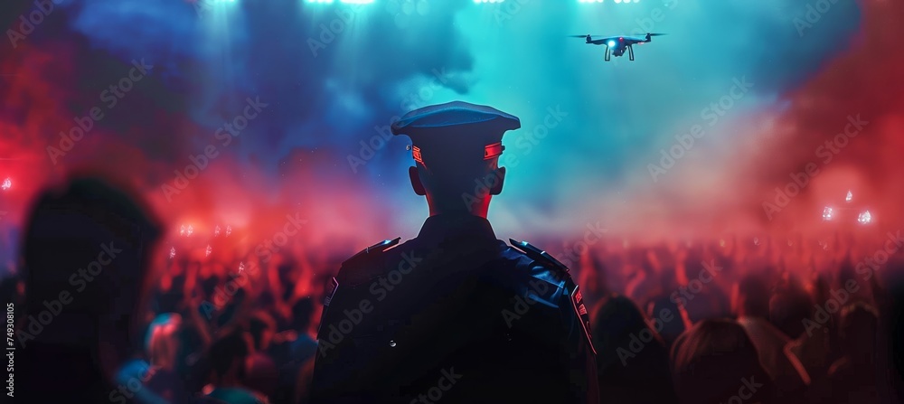 Wall mural A uniformed police officer watches over a festive crowd at a concert with drone flying above