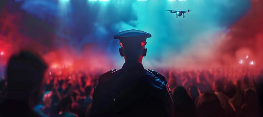 A uniformed police officer watches over a festive crowd at a concert with drone flying above