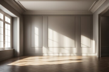 Empty Room with Hardwood Floor and Sunlight Shadows Through Windows