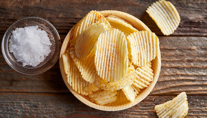 Corrugated potato chips and salt on rustic wooden background, top view, closeup, selective focus