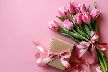 A beautifully arranged gift box surrounded by tulips against a soft pink background