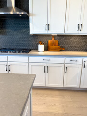 Sleek White Kitchen Cabinetry with Stylish Herringbone Backsplash